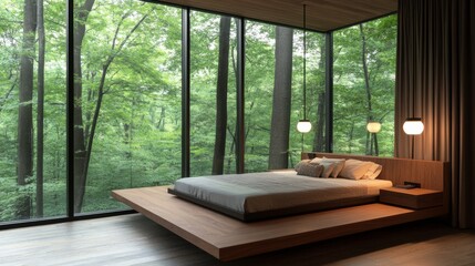 Poster - Serene Modern Bedroom Overlooking Tranquil Green Forest View