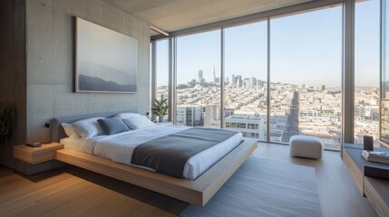 Aufkleber - Modern bedroom with city view, bright room, urban lifestyle design