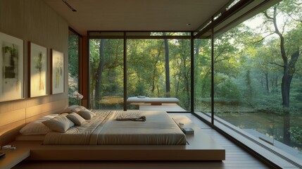 Poster - Modern Bedroom with Large Windows Overlooking Lush Green Forest