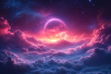 Wall Mural - stunning cosmic vista showcasing a glowing planet and distant moon enveloped by a colorful nebula ag