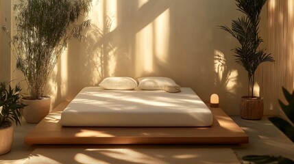 Poster - Peaceful Minimalist Bedroom with Natural Light and Indoor Plants