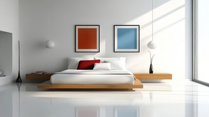 Poster - Modern Minimalist Bedroom Design with Simple Decor and Bright Light