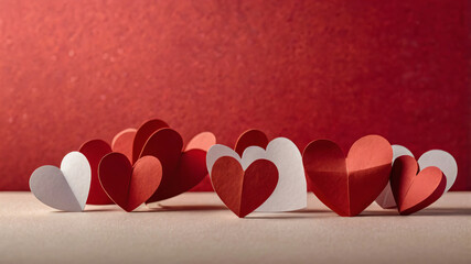 Red paper hearts on red paper background. Love and Valentine's day concept 2