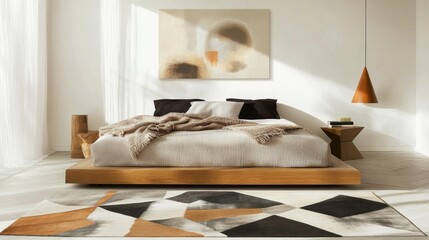 Poster - Modern Minimalist Bedroom Interior with Natural Textures and Colors