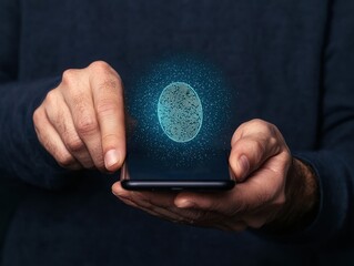 Aufkleber - A person uses a smartphone displaying a digital fingerprint, symbolizing biometric security and technology in everyday devices.