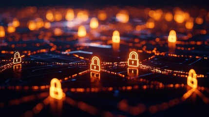 Leinwandbilder - A digital network scene featuring glowing padlocks, symbolizing cybersecurity and data protection in a connected environment.
