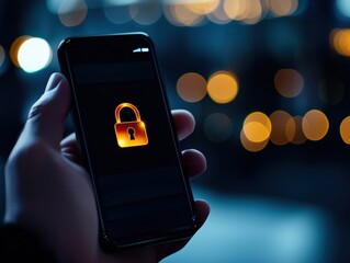 Leinwandbilder - A hand holding a smartphone displaying a glowing padlock symbol, suggesting themes of security and privacy in a digital environment.