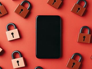 Aufkleber - A black smartphone surrounded by various padlocks on a vibrant red background, symbolizing security and protection.