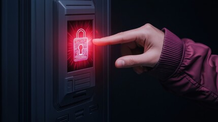 Aufkleber - A hand pressing a glowing red lock symbol on an electronic device, indicating a security feature in a dark setting.