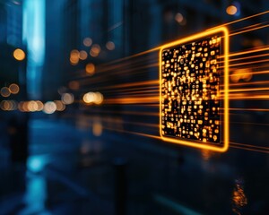 Poster - A glowing, abstract representation of a QR code with streaks of light, set against a blurred city background at night.
