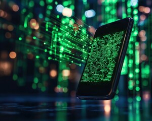 Fototapete - A glowing smartphone displays green binary code, set against a backdrop of digital data streams, symbolizing technology and information transfer.