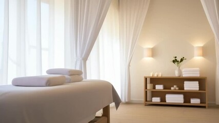 Poster - White towels are neatly folded on a massage table in a brightly lit spa room, creating a serene and inviting atmosphere for relaxation and wellness, with sheer curtains adding a touch of elegance