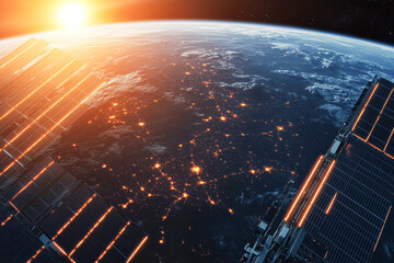 Wall Mural - A planet with a bright sun in the sky and a city in the foreground