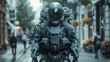 © KayKai - A man in a space suit is walking down a street with a backpack