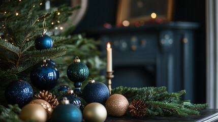 Wall Mural - Christmas decor featuring ornaments and candle on a dark wooden table with a tree