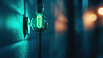 Poster - A glowing light bulb with a green filament is mounted on a wall, casting a soft illumination in a dimly lit environment.
