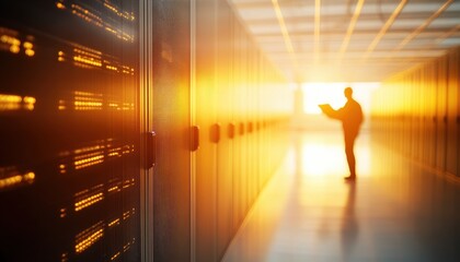 Aufkleber - A silhouette of a person stands near a glowing server rack, bathed in warm sunset light, suggesting technology and innovation in a futuristic setting.