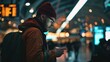 © thesweetsheep - A man checks his phone in a bustling train station with warm lighting.