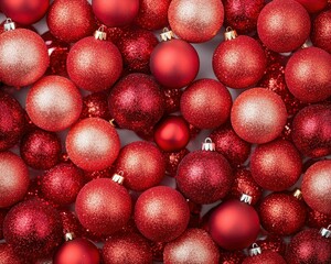 Collection of sparkling red Christmas ornaments scattered on a light background during holiday preparation season