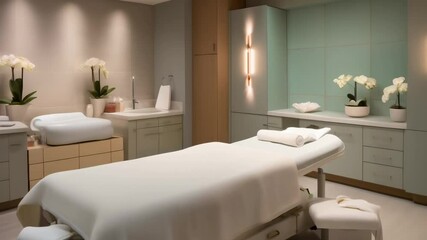 Poster - Empty massage table invites relaxation in a serene spa room, adorned with orchids and soft lighting, creating a tranquil atmosphere for wellness and pampering