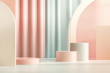 Minimalist pastel geometric background with soft arches and cylindrical shapes in pink and beige tones