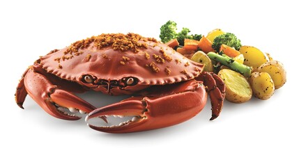 Sticker - A cooked crab served with a side of mixed vegetables and potatoes.