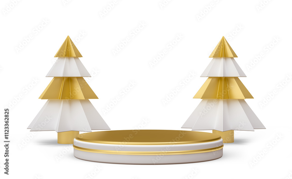 Gold and White Christmas Trees with White Base in 3D Render with ...