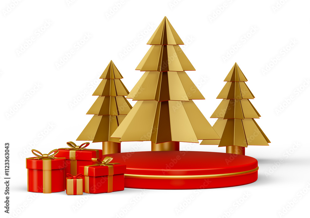 Golden Christmas Trees with Red Base and Gift Boxes in 3D Render with ...