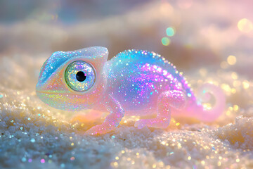 A sparkling, colorful chameleon figurine on a shimmering surface, evoking a whimsical atmosphere.