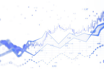 Fototapete - Abstract financial chart with blue candlestick graph and lines on white background, clean style, concept of data analysis and trends. 3D Rendering.