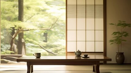 Poster - Sunlight streams into a serene japanese room, illuminating a low table set for a tea ceremony with a teapot and cup, offering a tranquil view of a lush green garden through sliding shoji screens