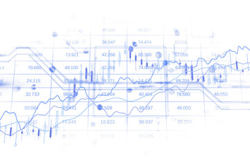 Fototapete - Abstract financial chart with blue candlesticks, lines, and numbers overlaying a grid pattern on a white background. Digital finance concept. 3D Rendering.