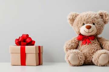 A cute teddy bear sits beside a beautifully wrapped gift box, perfect for celebrations and special occasions.