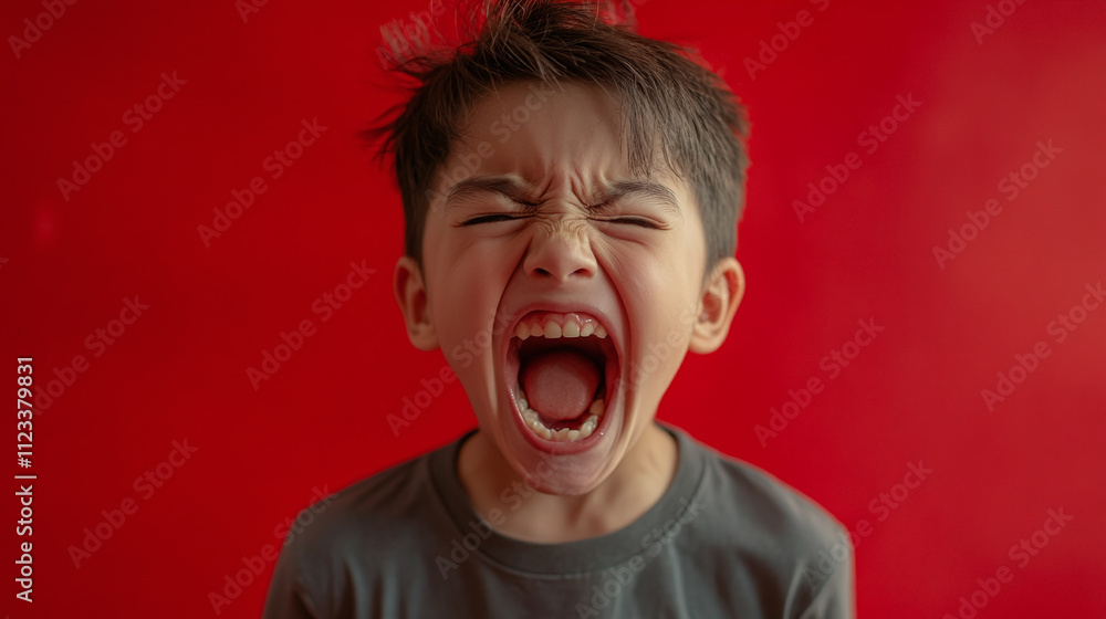 Screaming boy and loud child with strong kid studio and quick shouting ...