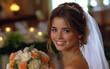 © ArtsybitDesign - Radiant bride, a breathtaking smile, holding a bouquet of pastel roses.  Wedding day joy captured in this stunning candid shot.
