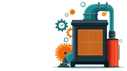 Poster - A stylized illustration of a machine with gears, pipes, and a heater, showcasing industrial design and technology.