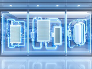Poster - A futuristic display featuring glowing diagrams of technological components, showcasing intricate designs and innovative engineering in a modern setting.