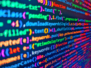 stock market, forex, financial data. programming software code on computer screen which develop by t