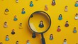 ©  Foring_Stock - Magnifying glass highlighting icons of people on yellow, representing employee role shifts and focused personnel selection.