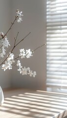 Wall Mural - Elegant minimalist setting with blurred background, window blinds, and classic wooden table