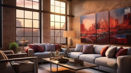 Poster - Warm sunlight illuminating a stylish, contemporary loft apartment living room at sunset, featuring comfortable sofas, a coffee table, and large windows showcasing a cityscape