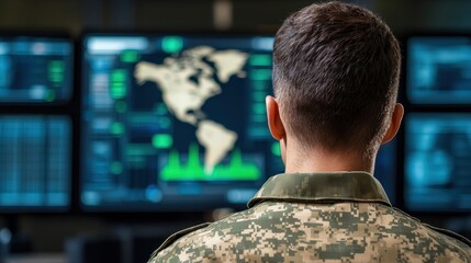 Automated AI for decision-making, in a military command center, simulating strategies and outcomes.