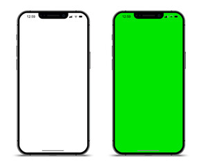 Poster - Smartphone mockup set with white empty and green touch screen. Detailed mockup smartphone isolated, 3D model mobile phone with shadow