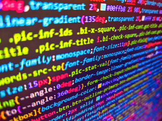 stock market ticker on monitor screen. compressed javascript code on computer screen. pixelated data