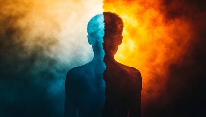Poster - Conceptual representation of duality illustrated through a silhouette of a person split between vibrant blue and fiery orange smoke, symbolizing conflicting emotions and states of mind.