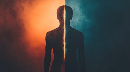 Poster - Artistic Representation of Duality with a Human Silhouette Emerging from Colorful Smoke Against a Darkened Background