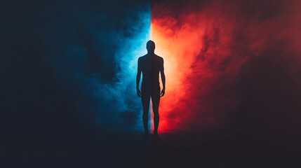 Poster - A Solitary Silhouette Against a Dramatic Background Featuring Blue and Red Smoke Emphasizing the Contrast Between Light and Dark Elements of Life