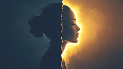Poster - Ethereal Portrait of a Woman with a Light Halo Effect, Symbolizing Inner Peace and Duality through Dramatic Lighting and Shadows in a Dark Background