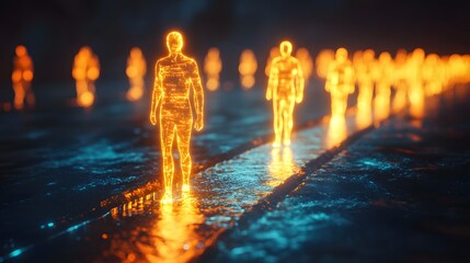 Poster - Glowing Figures Walking on a Pathway in an Enigmatic Environment with Ethereal Light Effects and Reflections on a Wet Surface
