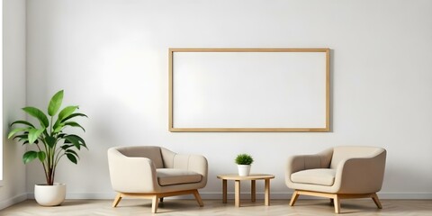 Two wooden armchairs and a small side table in a minimalist living room setting, with a blank frame on the wall.